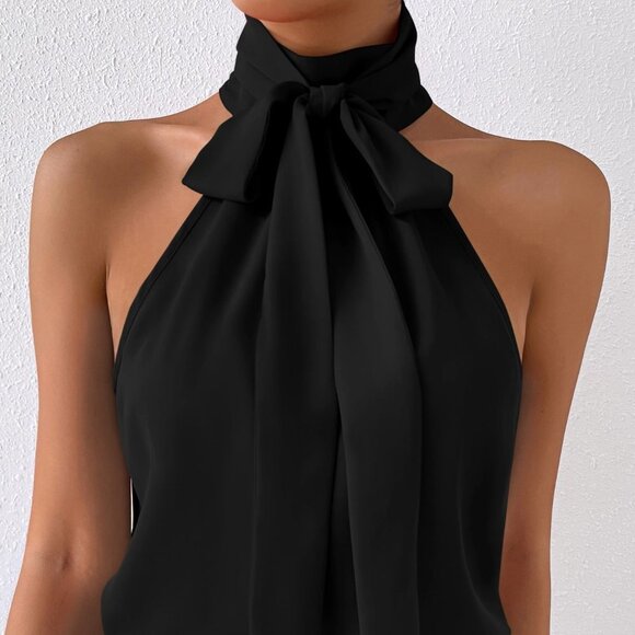 Black Preppy Womens Solid Tie Neck Halter Top - Picture 3 of 5